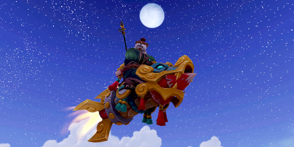 A male pandaren in a green monk robe riding a rocket high in the night sky, with the full moon just above. The rocket has Pandaria- or Chinese-styled gold and green dragon casing over a traditional red rocket mount.